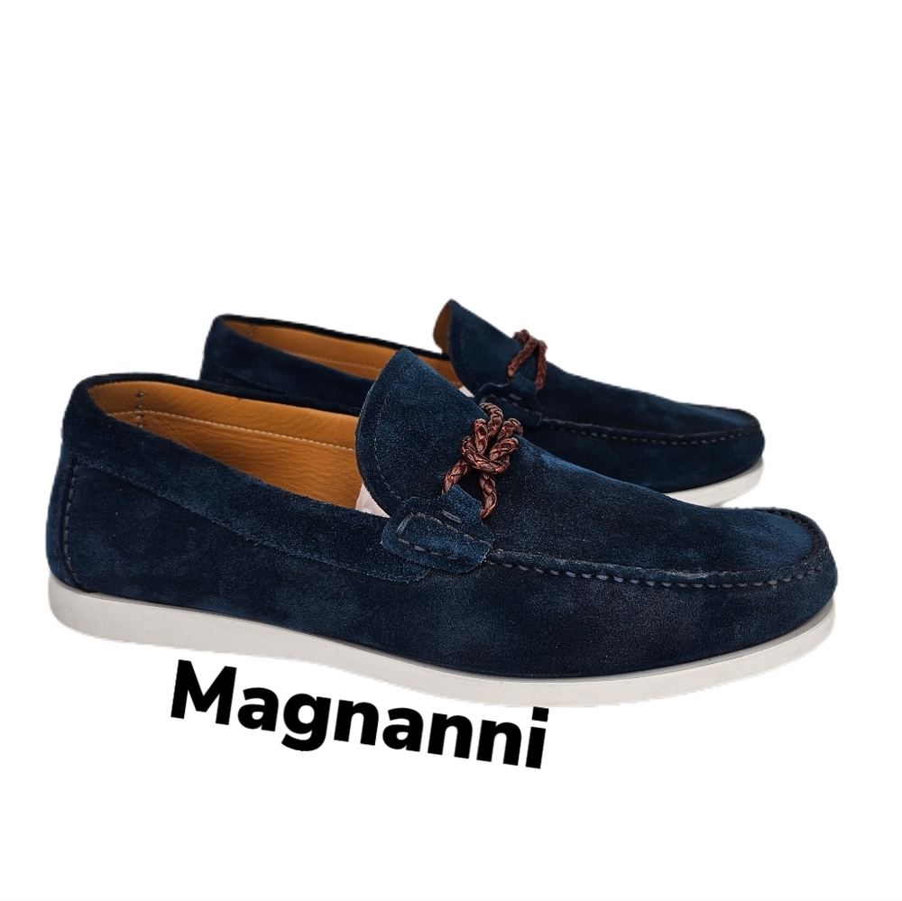Magnanni Alarico Blue Suede Slip On Loafer With Braided Leather Strap Sz 8.